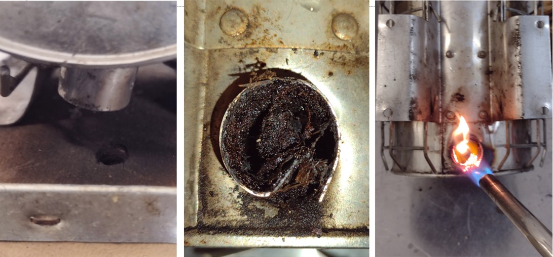 The clogged stem of a smoker and it being torched.